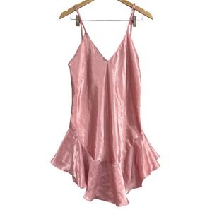 VTG! Cinema Etoile Pink Satin Lingerie Slip Dress V‎ Neck Ruffle Hem L Romantic